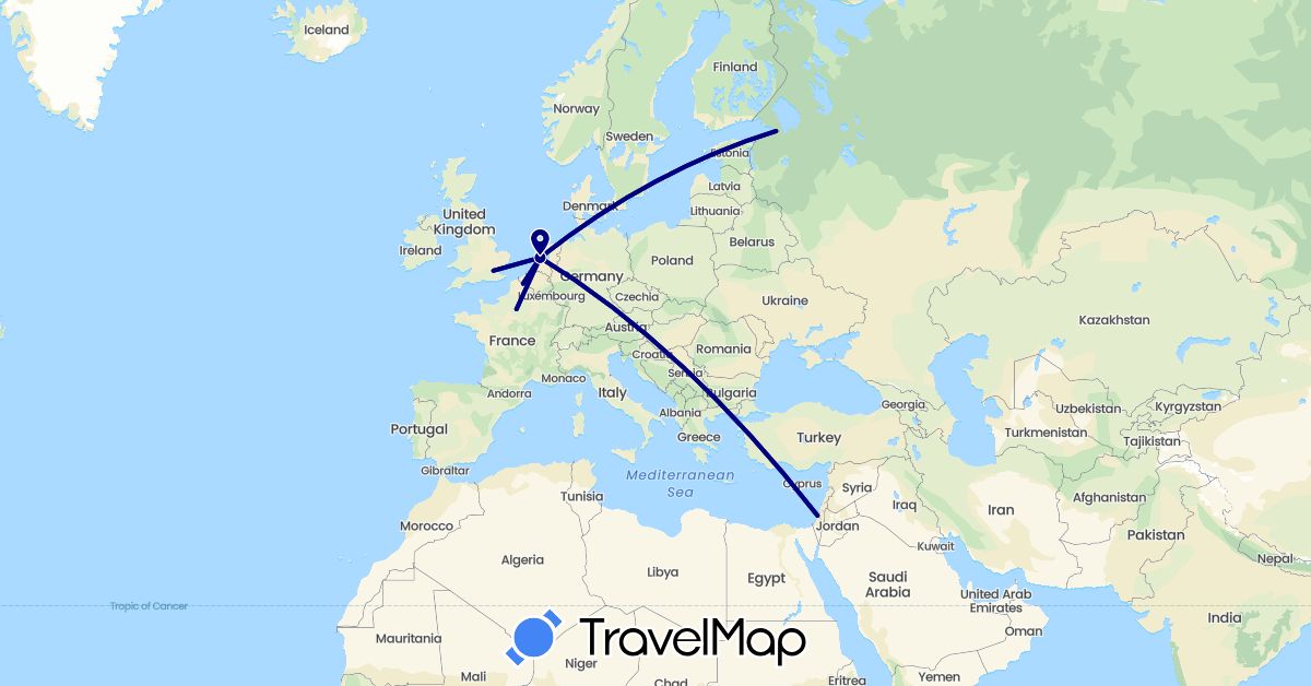TravelMap itinerary: driving in France, United Kingdom, Israel, Netherlands, Russia (Asia, Europe)